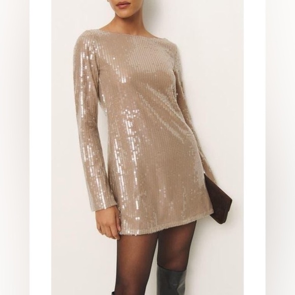Reformation Natural Sereia Sequin Long Sleeve Minidress size Xsmall - Picture 1 of 15
